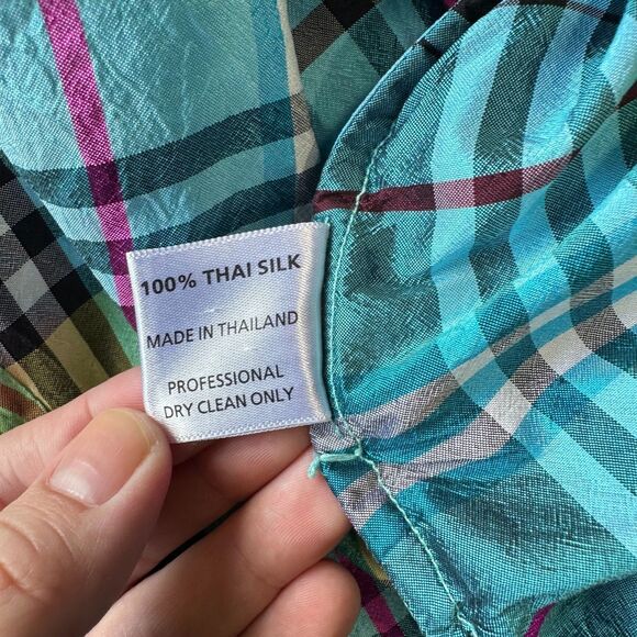 Marisa Baratelli 100% Thai Silk Tie Bow Waist Jacket Top Blouse Size 12 Plaid - Picture 10 of 14